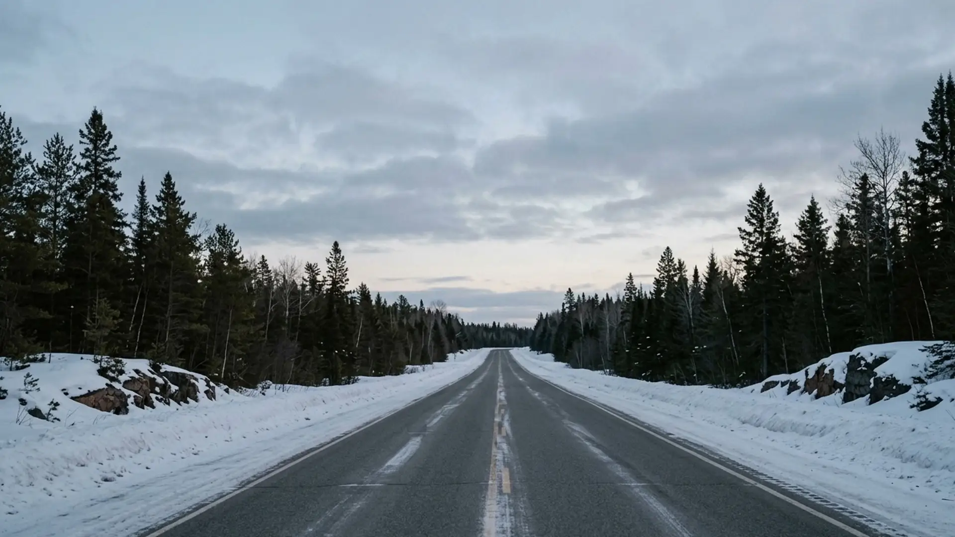 A snow-covered highway through the Northern Ontario bush at dusk