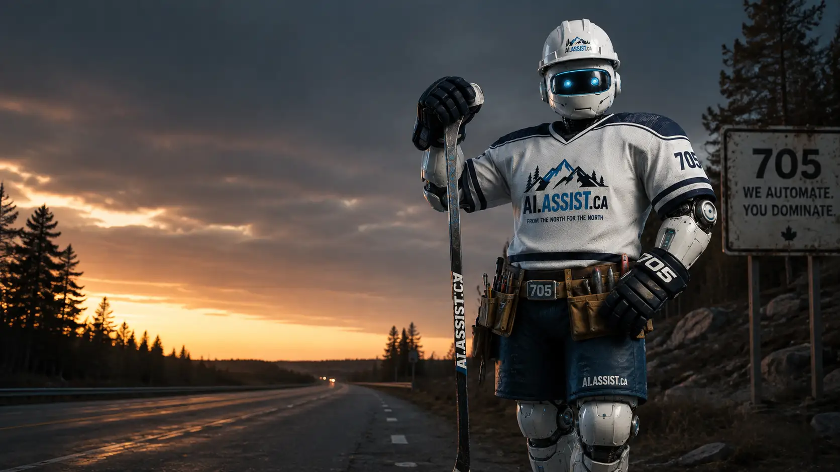 The AI-Assist.ca 705 mascot, in a hockey jersey and tool belt, standing on a Northern Ontario highway at sunset next to a '705' road sign