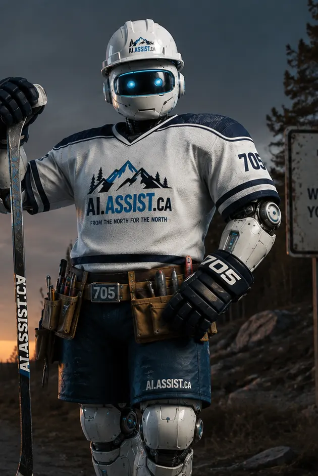 The AI-Assist.ca mascot, in a hockey jersey and tool belt, on a Northern Ontario highway at dusk